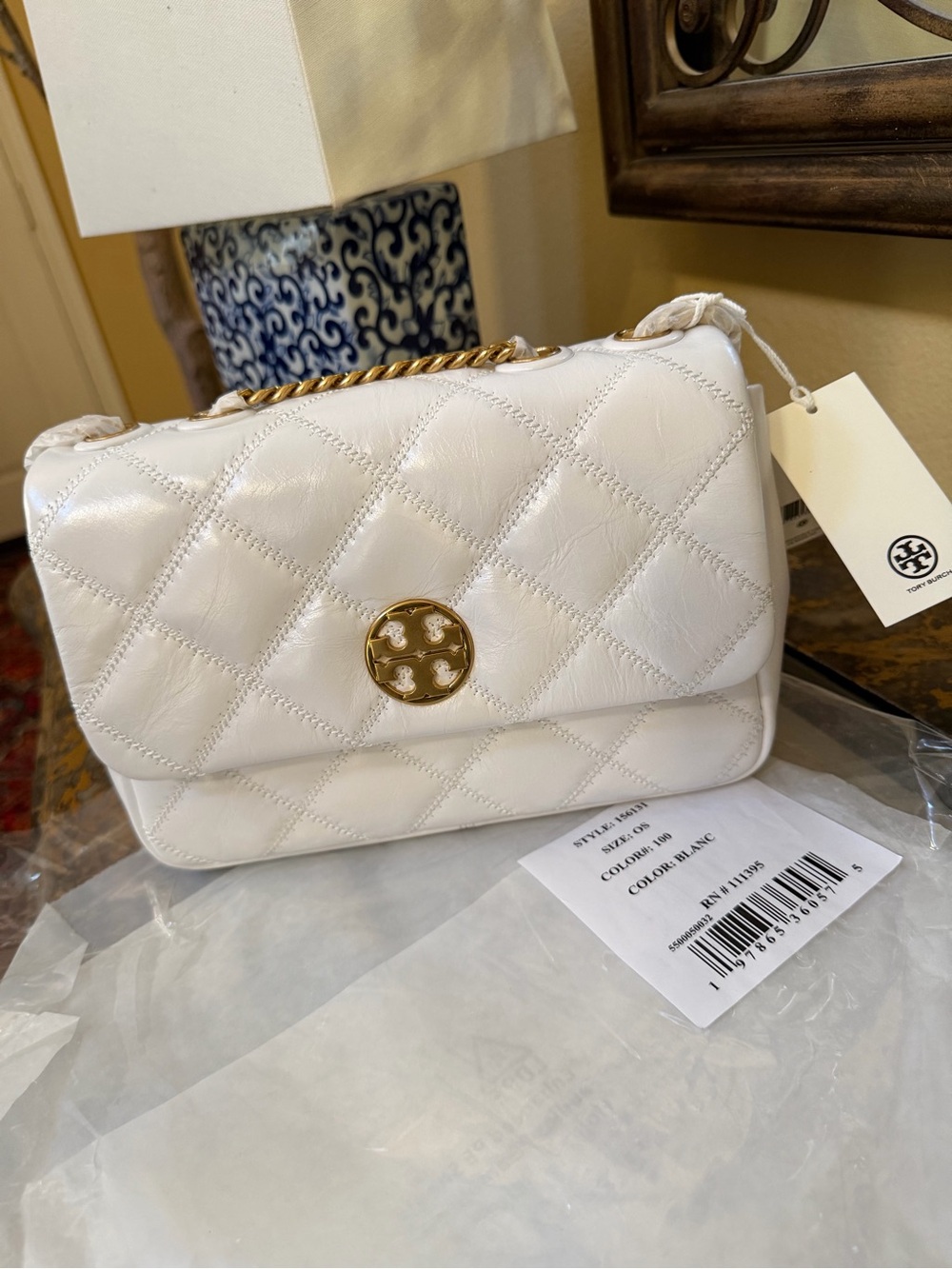 Tory Burch Willa White Quilted Leather Chain Shoulder Bag with Gold Logo